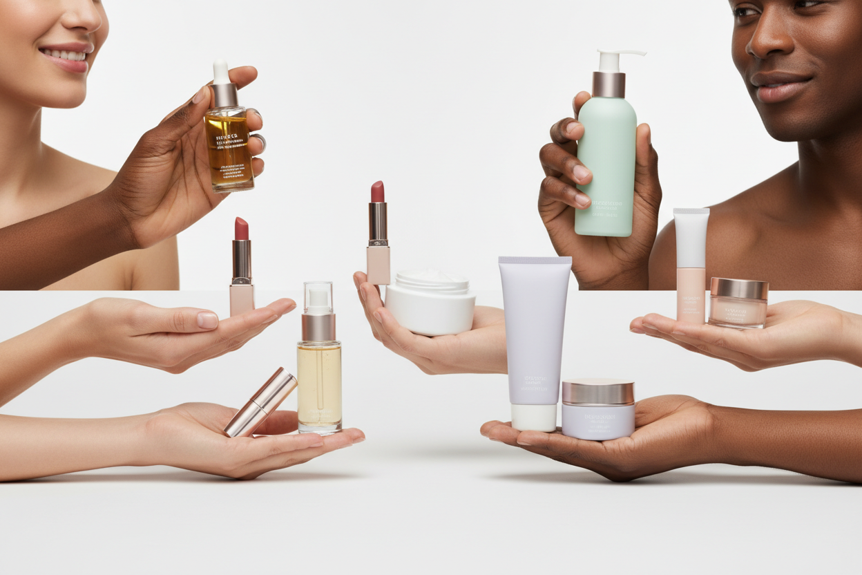 une photo de plusieur produit cosmetique avec des tenue par des hommes et des femme 